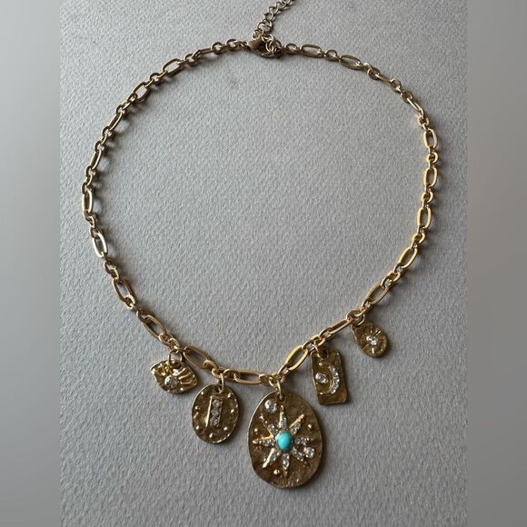 Chic Gold Necklace with Turquoise charms M535 - Picture 3 of 3